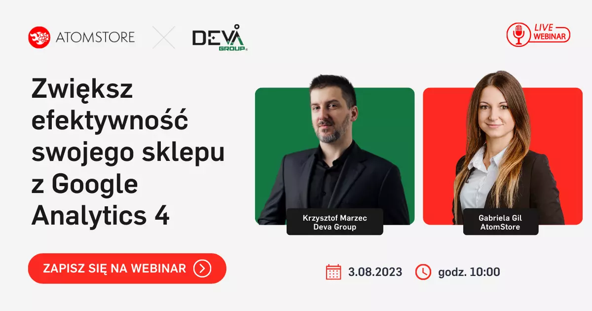 zaproszenie na webinar o google analytics 4 i sklepach internetowych z atomstore i devagroup